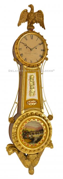 Jonathan Billings, Acton & Concord, Massachusetts. A federal gilt gesso & mahogany girandole clock featuring a time and strike movement. 222096.