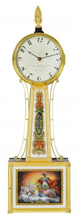 Aaron Willard Jr. gilt frame wall timepiece or banjo clock made in Boston circa 1820. The lower tablet depicts “AURORA.” 223201.