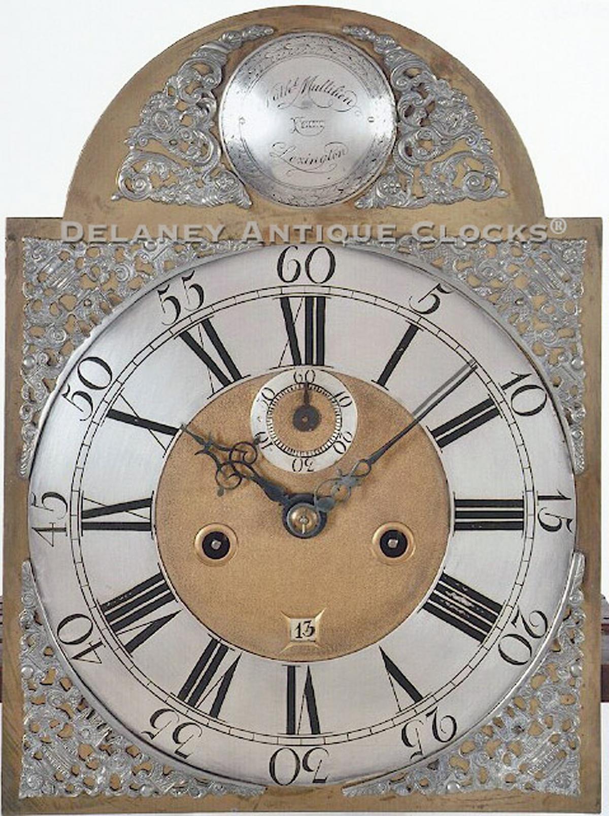 Nathaniel Mulliken, Lexington, MA. Tall clock dial. SS-21. Delaney Antique Clocks.