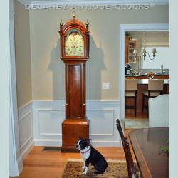 Betsy the dog sitting with company. A Simon Willard Tall clock.
