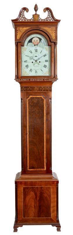 William Elvins, Fells Point, Baltimore, Maryland. An inlaid tall case clock with moon phase dial and eight-day duration brass movement. The case is attributed to the cabinetmaker's partnership of Bankson & Lawson. 223071.